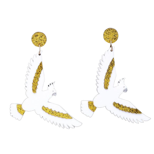 Boucle d'Oreille Perroquet Blanc Doré